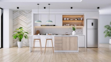 Le bois clair et les lignes &eacute;pur&eacute;es d&eacute;finissent l'esprit d'une cuisine scandinave